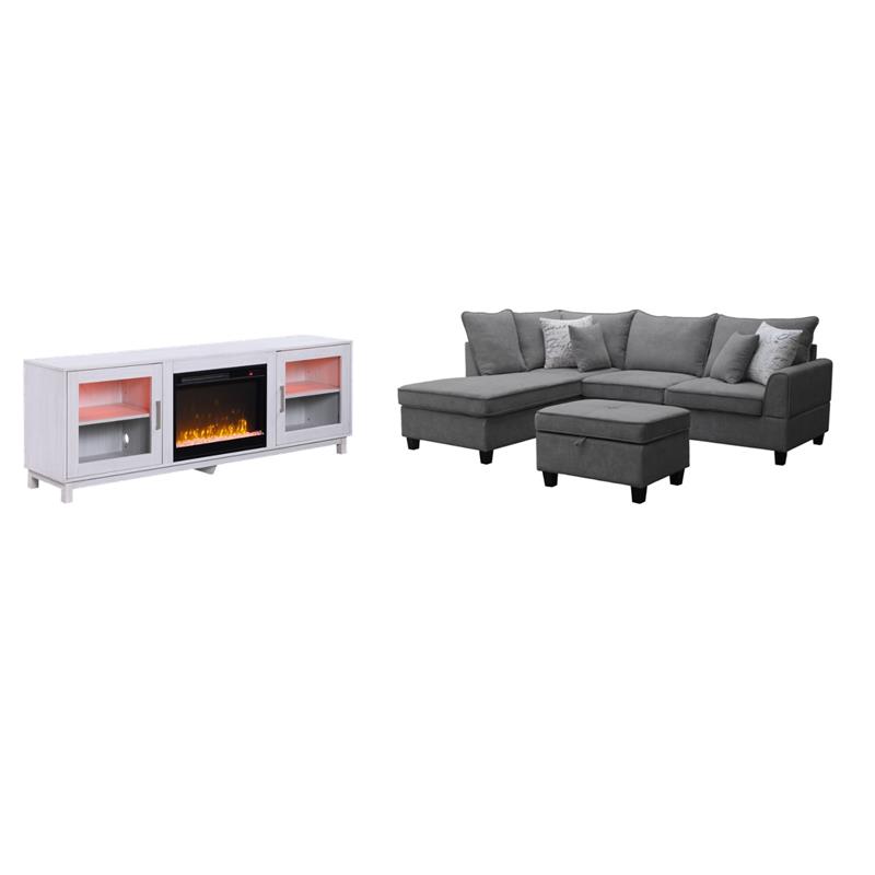 Pemberly Row 3Pc Set of Sectional Sofa with Ottoman and TV Stand with Fireplace