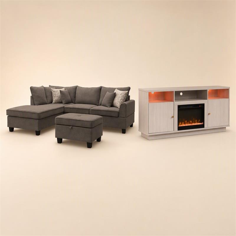 Pemberly Row 3Pc Set of Fireplace TV Console & Sectional Sofa with Ottoman