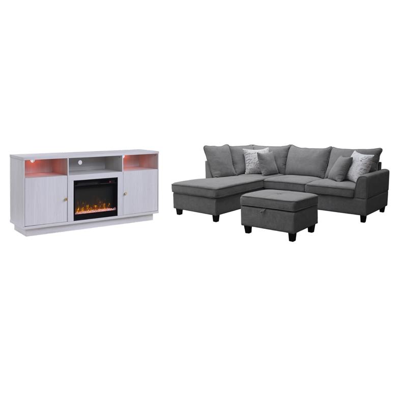 Pemberly Row 3Pc Set of Fireplace TV Console & Sectional Sofa with Ottoman