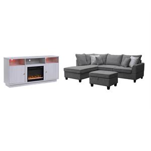 Pemberly Row 3Pc Set of Fireplace TV Console & Sectional Sofa with Ottoman