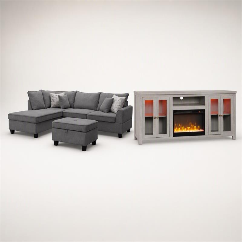 Pemberly Row 3Pc Set of Fireplace TV Console and Sectional Sofa with Ottoman