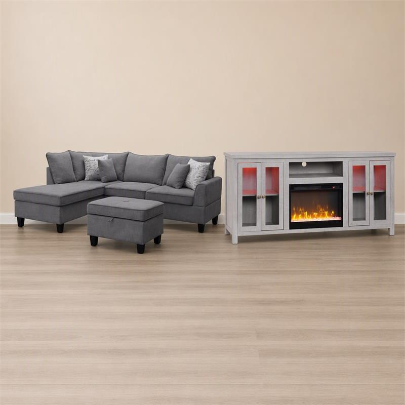 Pemberly Row 3Pc Set of Fireplace TV Console and Sectional Sofa with Ottoman