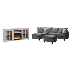 Pemberly Row 3Pc Set of Fireplace TV Console and Sectional Sofa with Ottoman