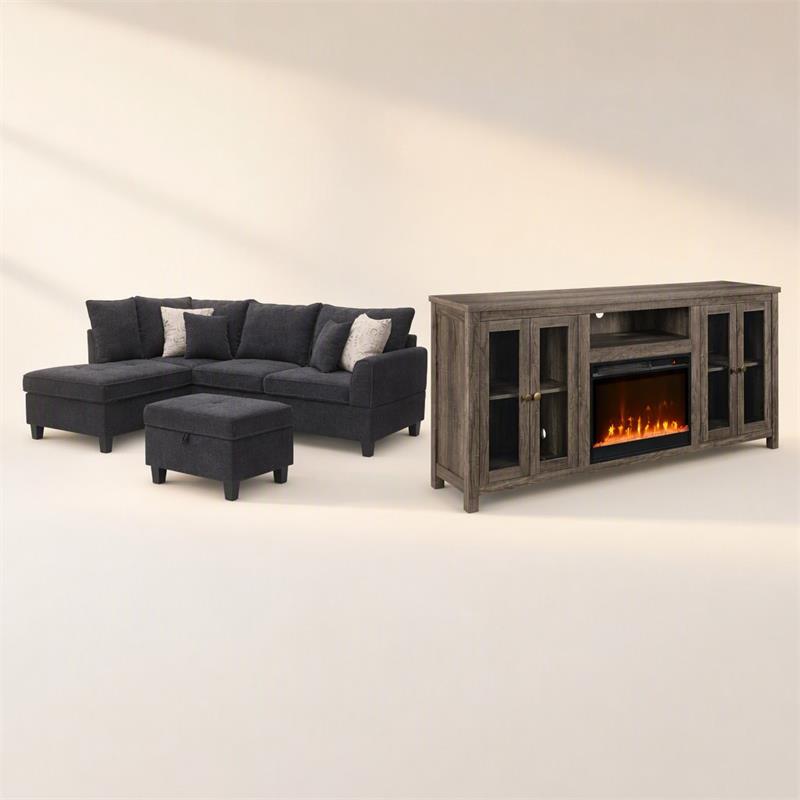 Pemberly Row 3Pc Set of Fireplace TV Console and Sectional Sofa with Ottoman