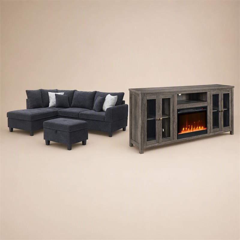 Pemberly Row 3Pc Set of Fireplace TV Console and Sectional Sofa with Ottoman