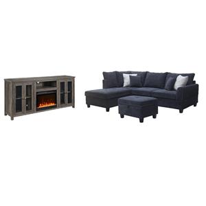 Pemberly Row 3Pc Set of Fireplace TV Console and Sectional Sofa with Ottoman