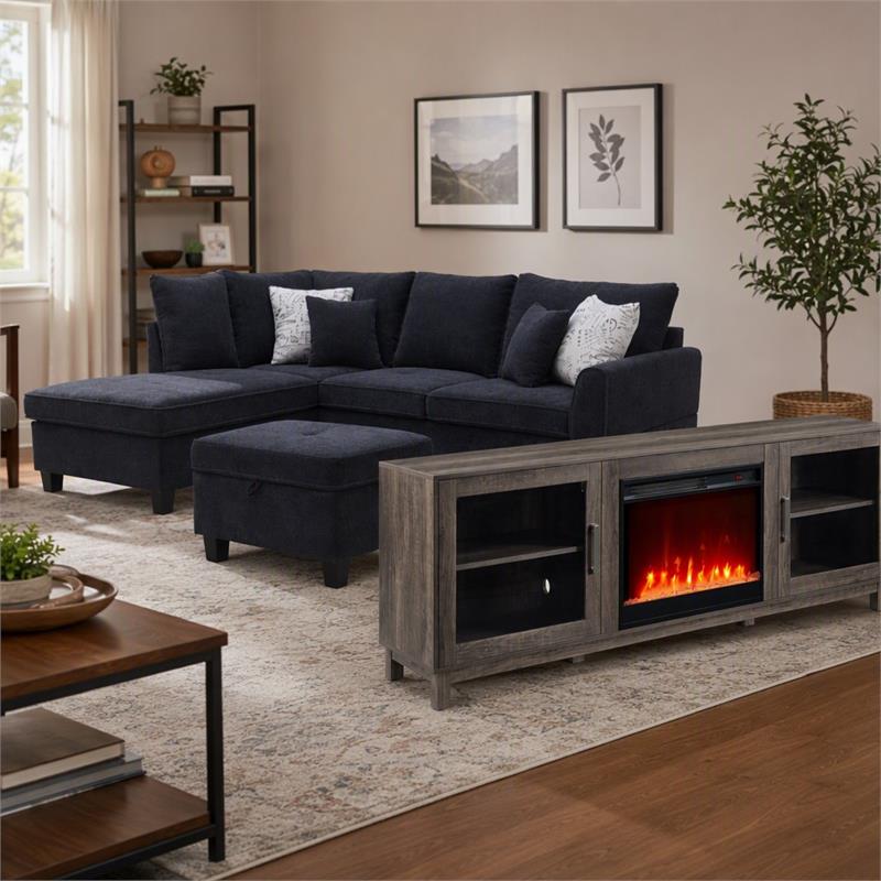 Pemberly Row Set of 3 TV Stand with Heater & Sectional Sofa with Ottoman