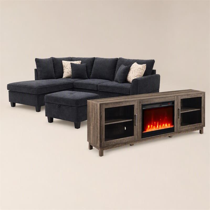 Pemberly Row Set of 3 TV Stand with Heater & Sectional Sofa with Ottoman