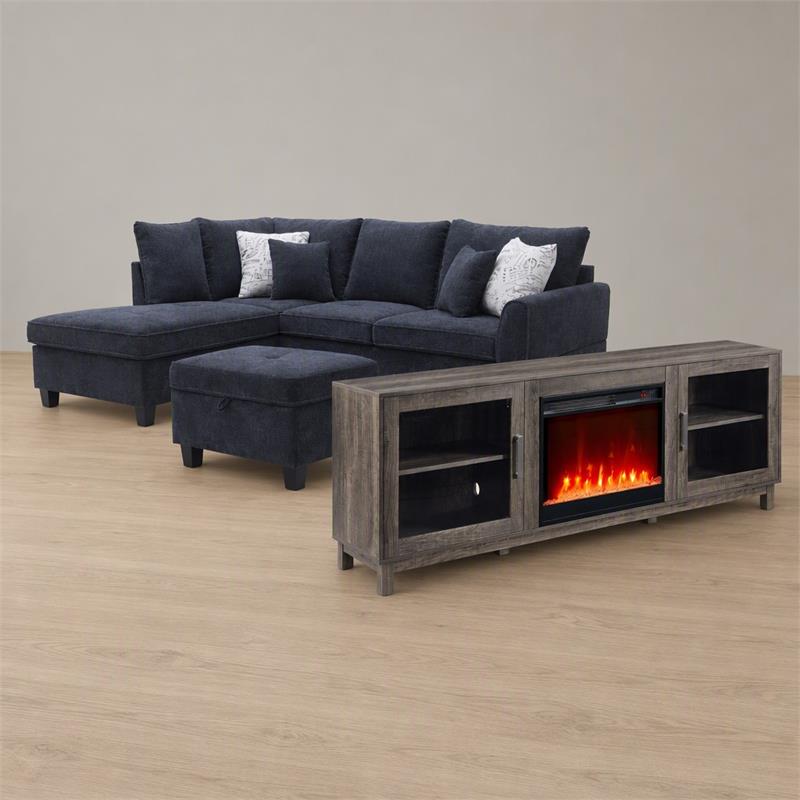 Pemberly Row Set of 3 TV Stand with Heater & Sectional Sofa with Ottoman