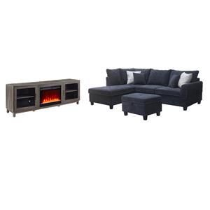 Pemberly Row Set of 3 TV Stand with Heater & Sectional Sofa with Ottoman