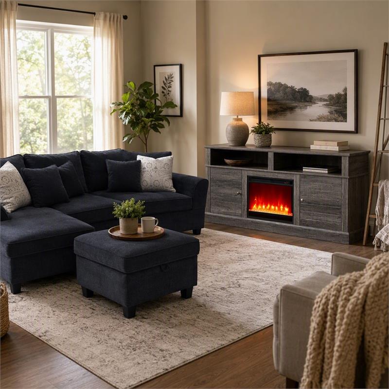 Pemberly Row 3Pc Set of TV Stand with Fireplace & Sectional Sofa with Ottoman