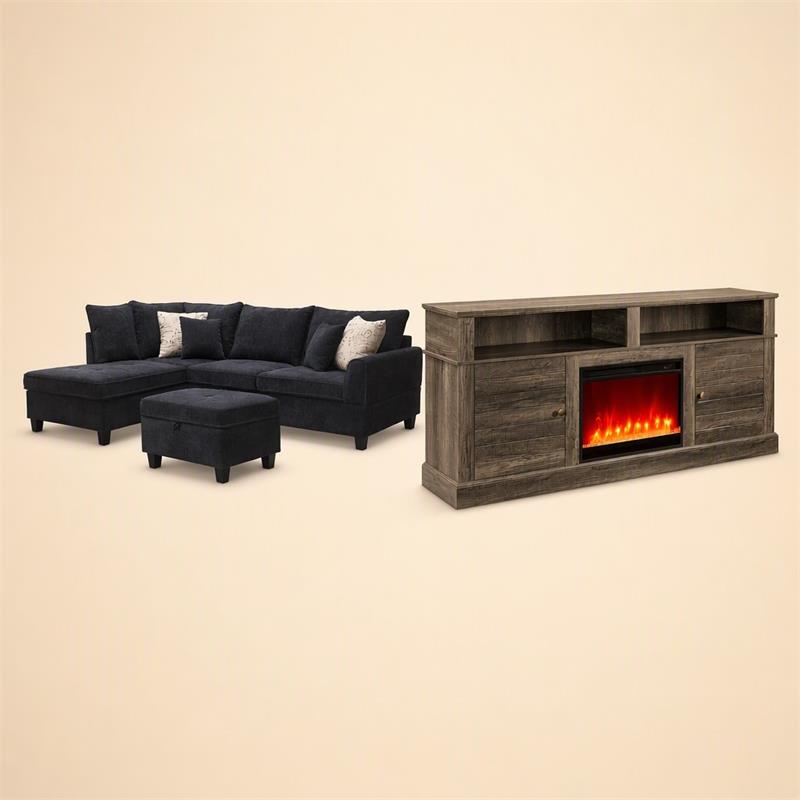 Pemberly Row 3Pc Set of TV Stand with Fireplace & Sectional Sofa with Ottoman