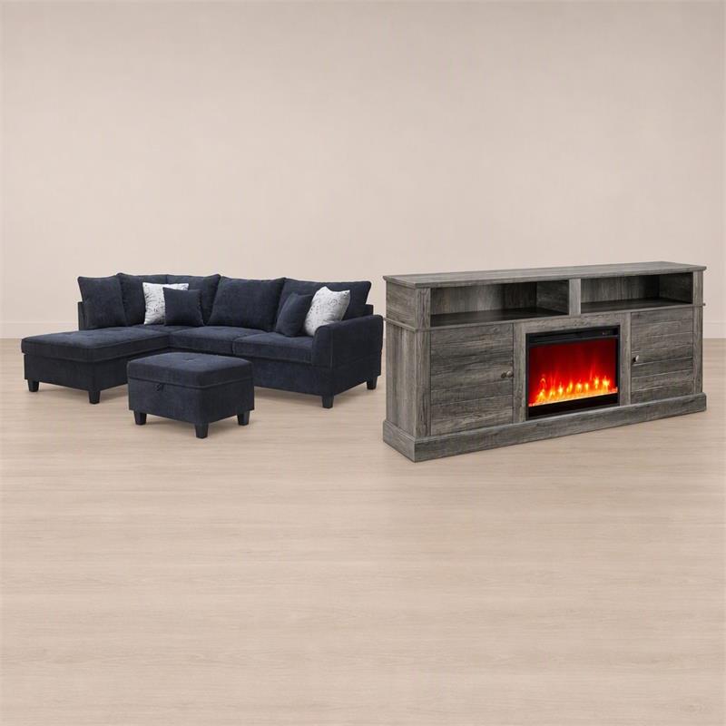 Pemberly Row 3Pc Set of TV Stand with Fireplace & Sectional Sofa with Ottoman