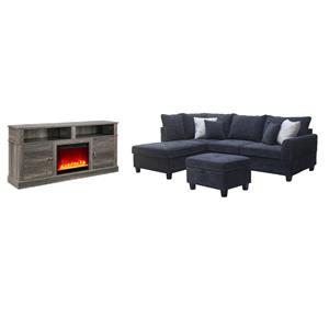 Pemberly Row 3Pc Set of TV Stand with Fireplace & Sectional Sofa with Ottoman