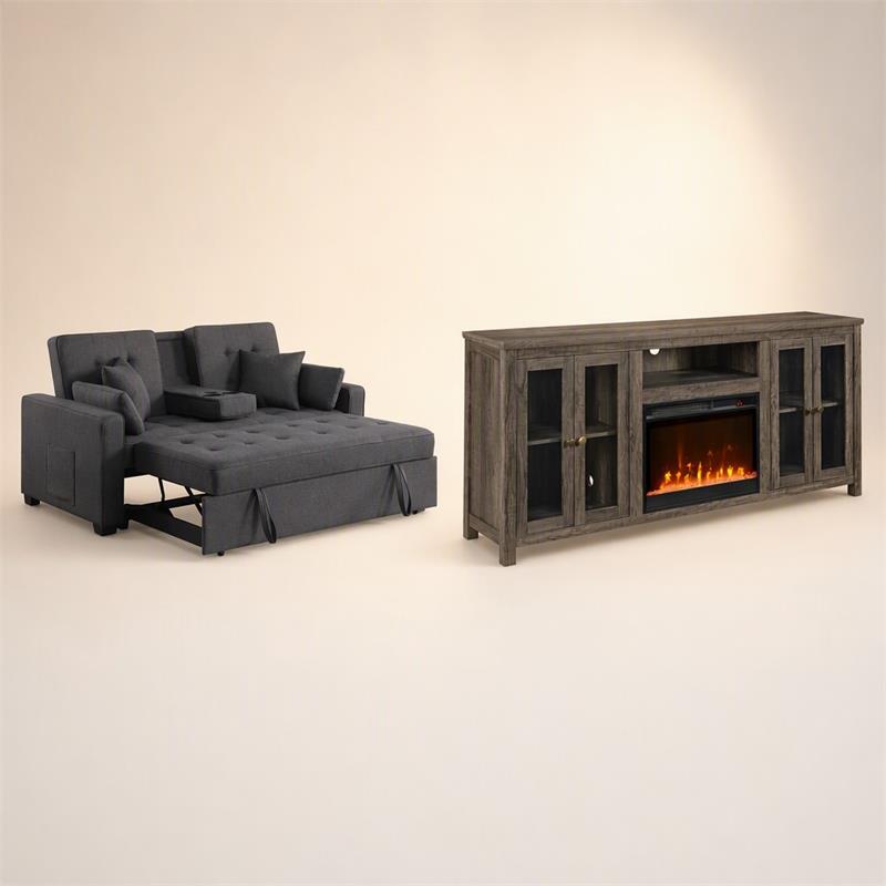  Pemberly Row Living Room Set of 2 - Fireplace TV Console and Sleeper Loveseat