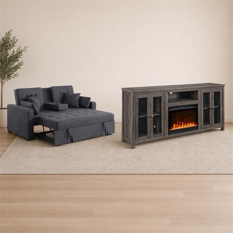  Pemberly Row Living Room Set of 2 - Fireplace TV Console and Sleeper Loveseat