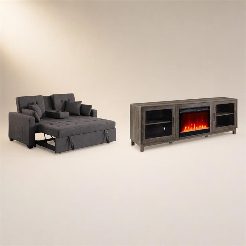  Pemberly Row Living Room Set of 2 - Fireplace TV Console and Sleeper Loveseat