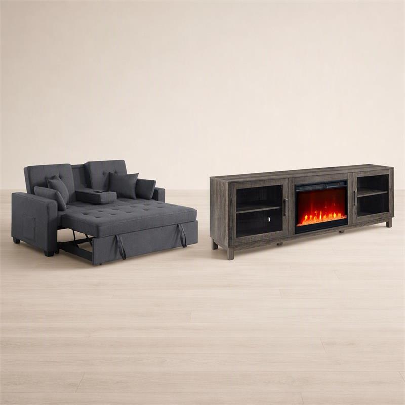  Pemberly Row Living Room Set of 2 - Fireplace TV Console and Sleeper Loveseat