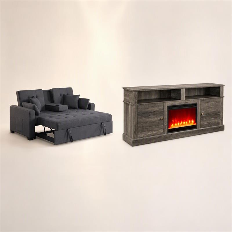  Pemberly Row Living Room Set of 2 - Fireplace TV Stand and Sleeper Loveseat