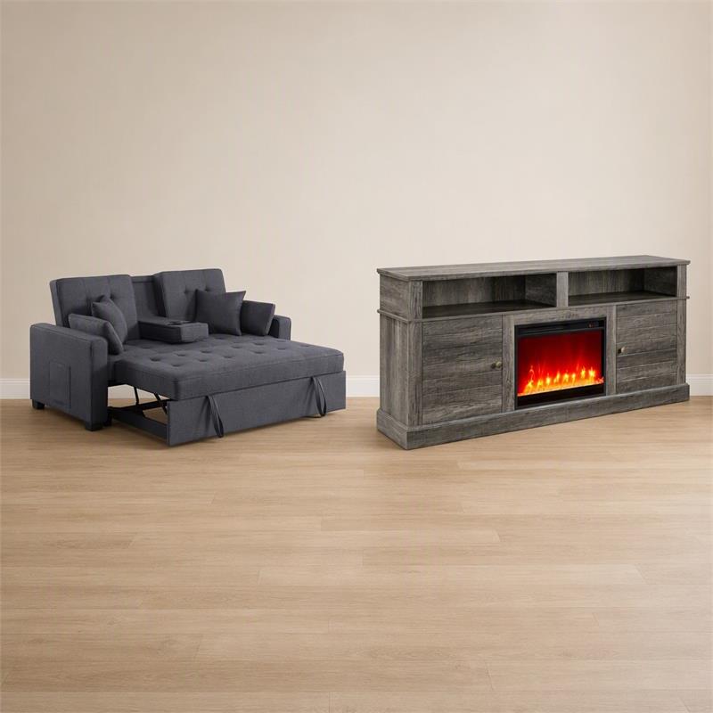  Pemberly Row Living Room Set of 2 - Fireplace TV Stand and Sleeper Loveseat