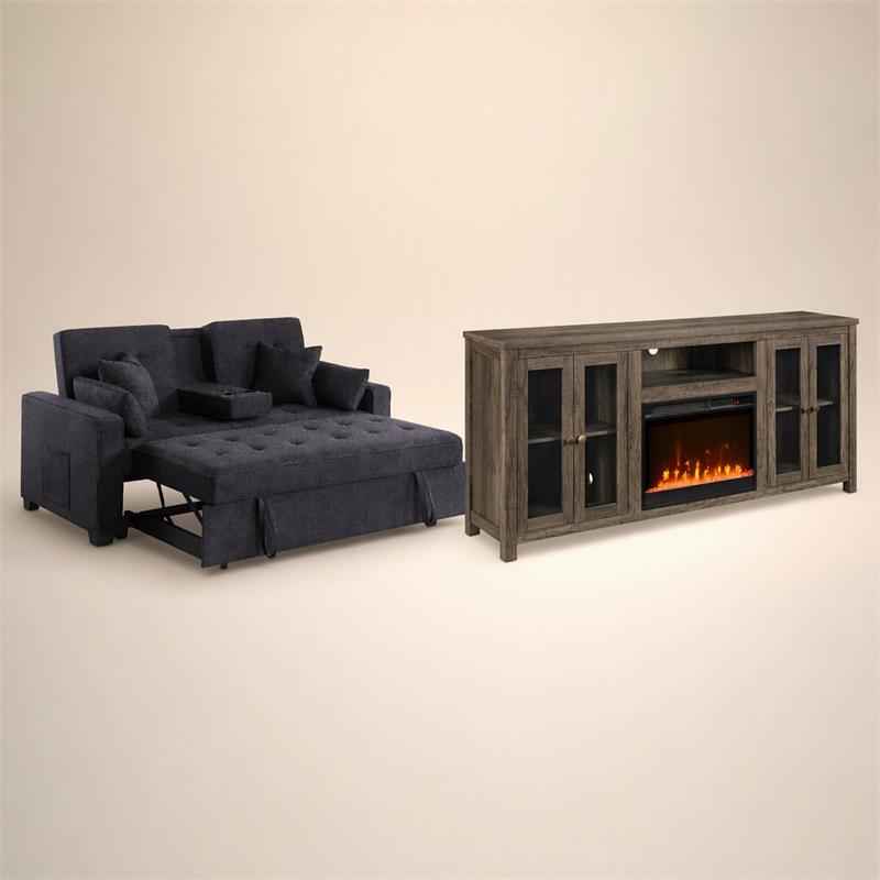  Pemberly Row Living Room Set of 2 - Fireplace TV Console and Sleeper Loveseat