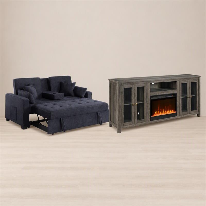  Pemberly Row Living Room Set of 2 - Fireplace TV Console and Sleeper Loveseat