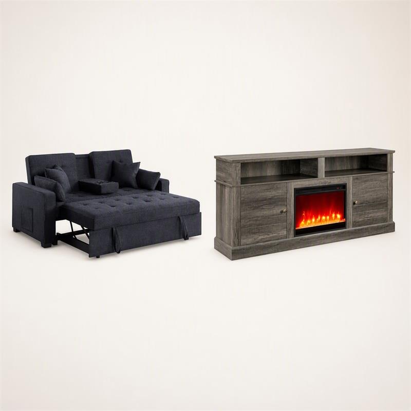  Pemberly Row Living Room Set of 2 - Fireplace TV Stand and Sleeper Loveseat