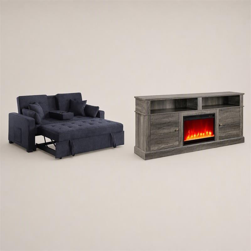  Pemberly Row Living Room Set of 2 - Fireplace TV Stand and Sleeper Loveseat