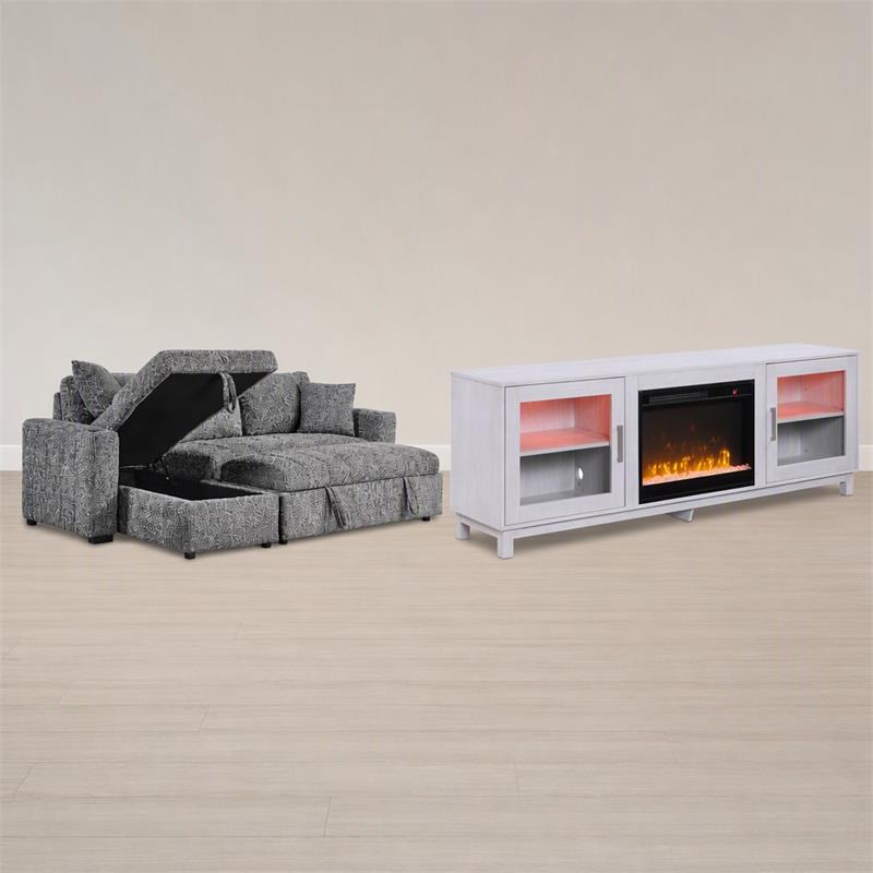 Pemberly Row 2-Piece Set of Sleeper Sectional Sofa & TV Stand with Fireplace