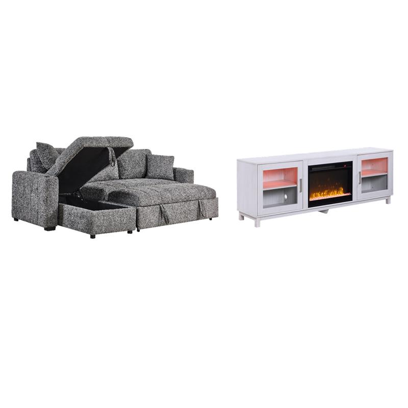 Pemberly Row 2-Piece Set of Sleeper Sectional Sofa & TV Stand with Fireplace