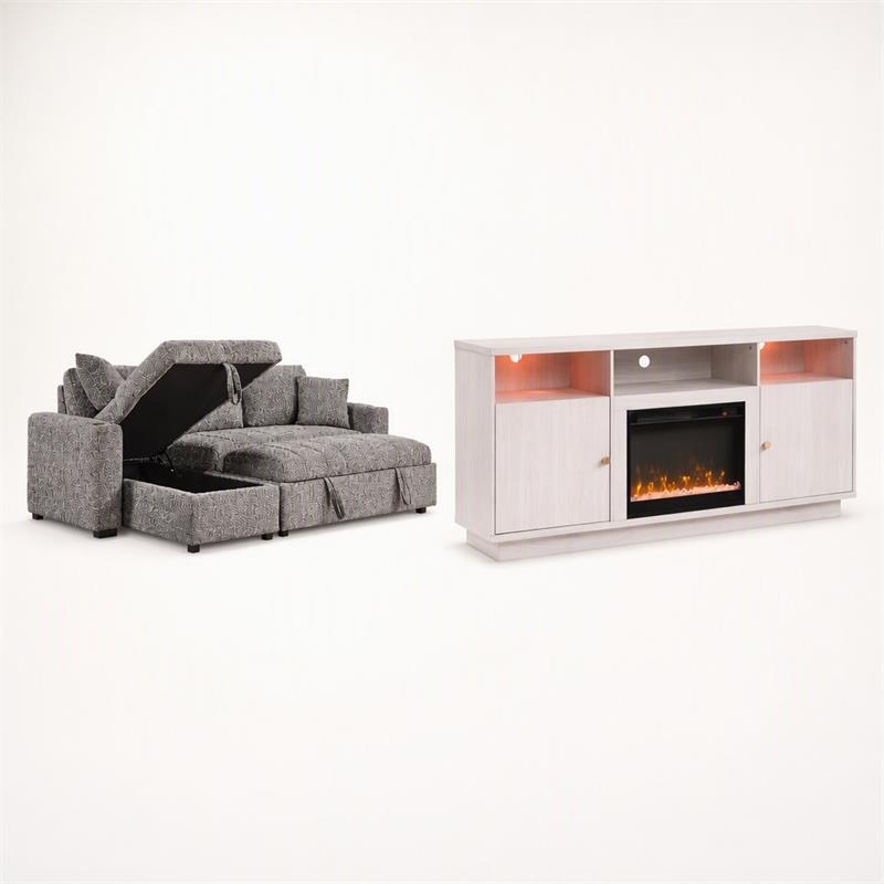 Pemberly Row 2-Piece Set of Sleeper Sectional Sofa & TV Stand with Fireplace