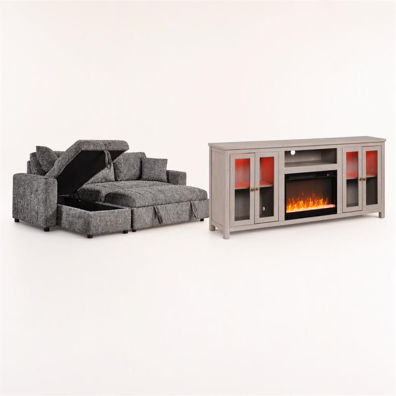 Pemberly Row 2-Piece Set of Sleeper Sectional Sofa & TV Stand with Fireplace