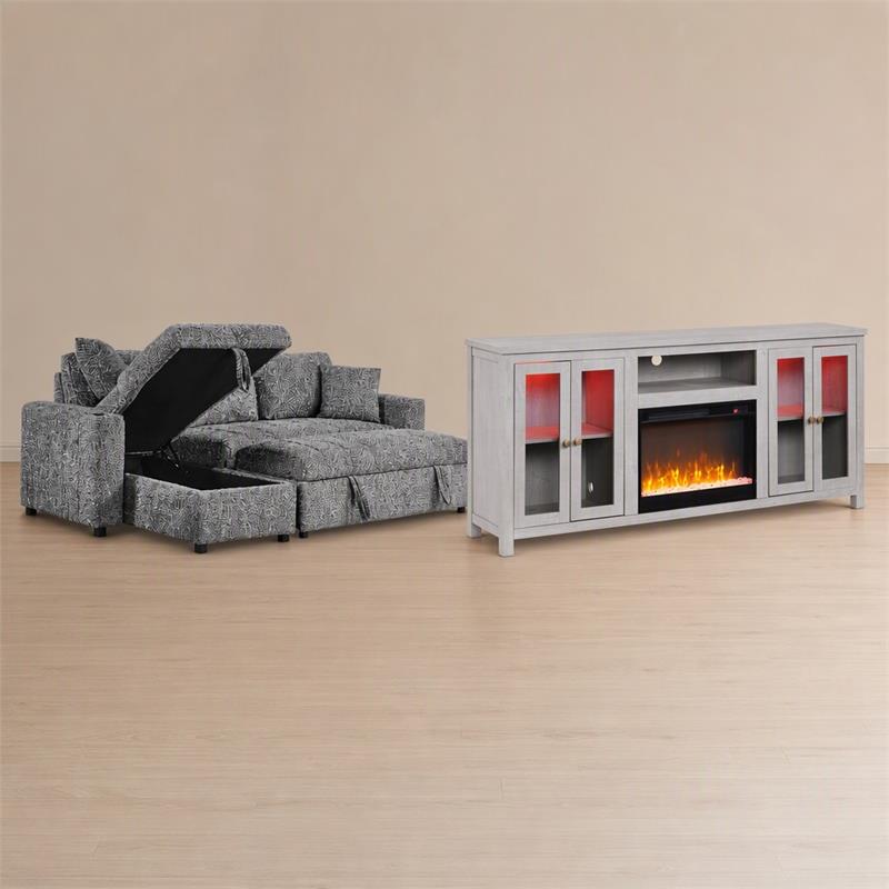 Pemberly Row 2-Piece Set of Sleeper Sectional Sofa & TV Stand with Fireplace
