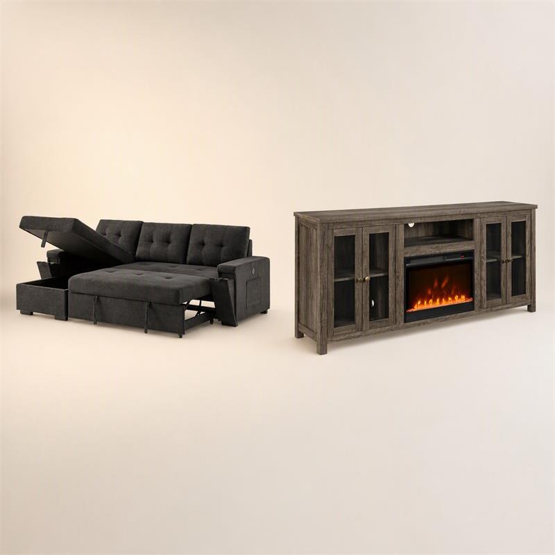 Pemberly Row 2-Piece Set of Sleeper Sectional Sofa & TV Stand with Fireplace