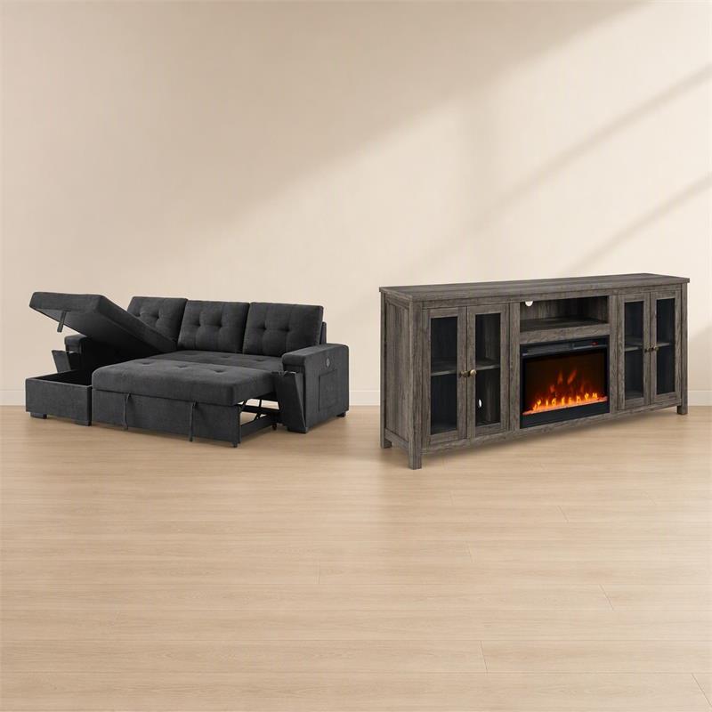 Pemberly Row 2-Piece Set of Sleeper Sectional Sofa & TV Stand with Fireplace