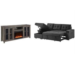 Pemberly Row 2-Piece Set of Sleeper Sectional Sofa & TV Stand with Fireplace