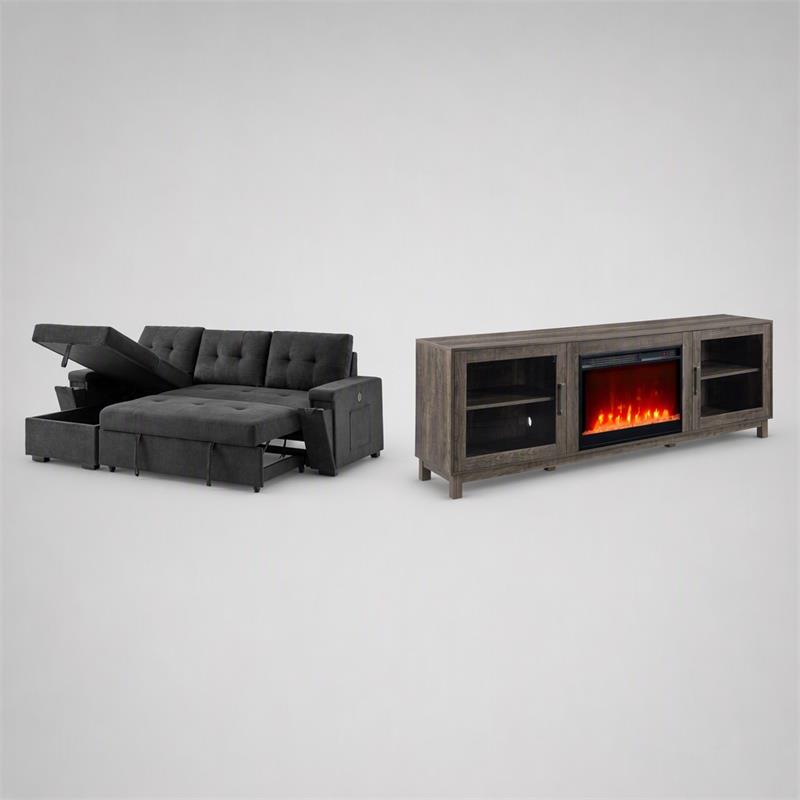 Pemberly Row 2-Piece Set of Sleeper Sectional Sofa & TV Stand with Fireplace