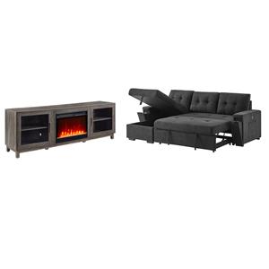 Pemberly Row 2-Piece Set of Sleeper Sectional Sofa & TV Stand with Fireplace