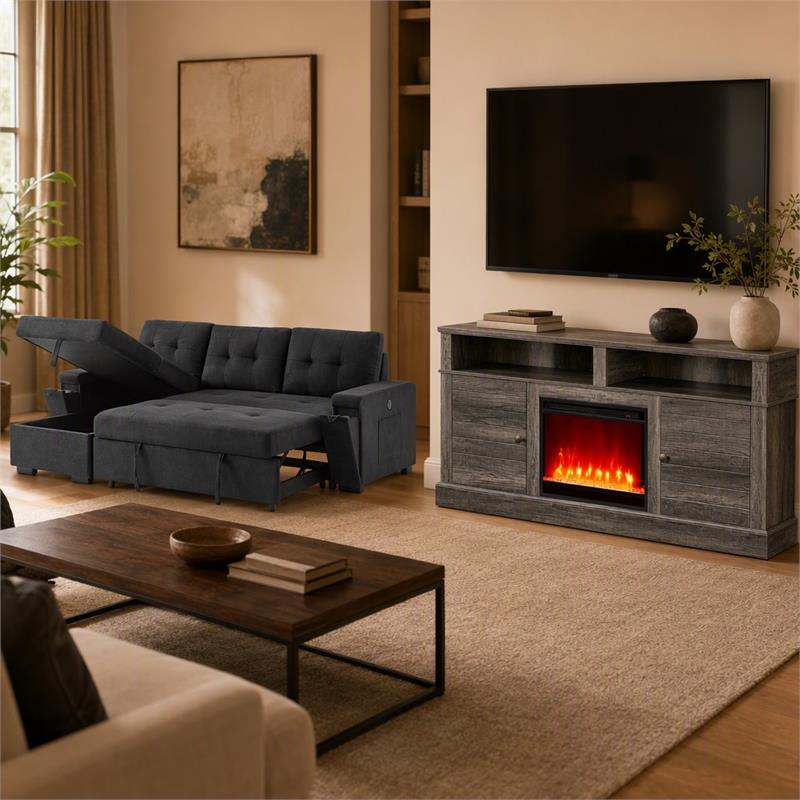 Pemberly Row 2-Piece Set of Sleeper Sectional Sofa & TV Stand with Fireplace