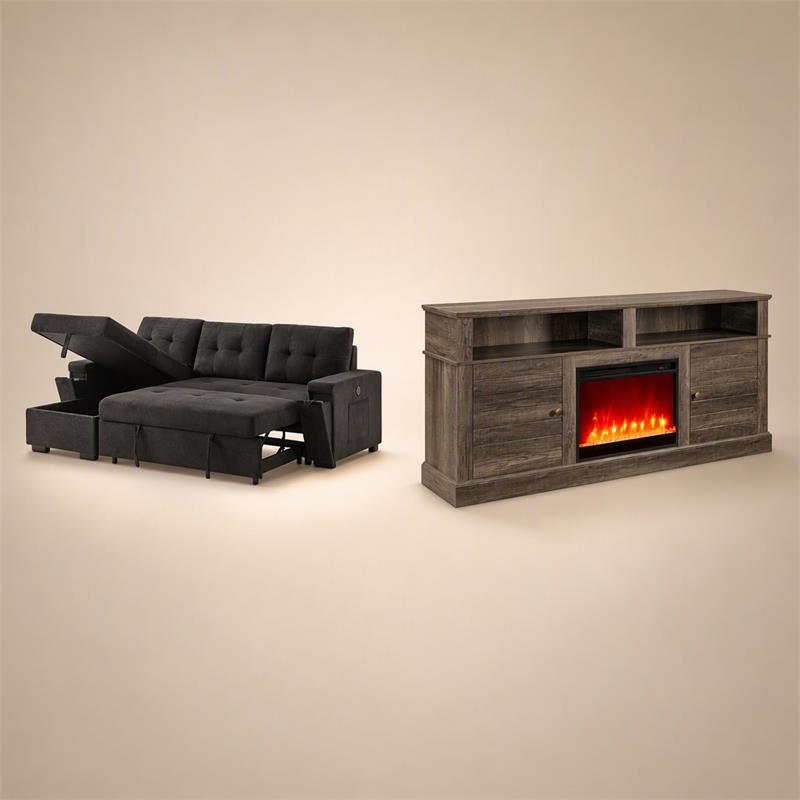 Pemberly Row 2-Piece Set of Sleeper Sectional Sofa & TV Stand with Fireplace