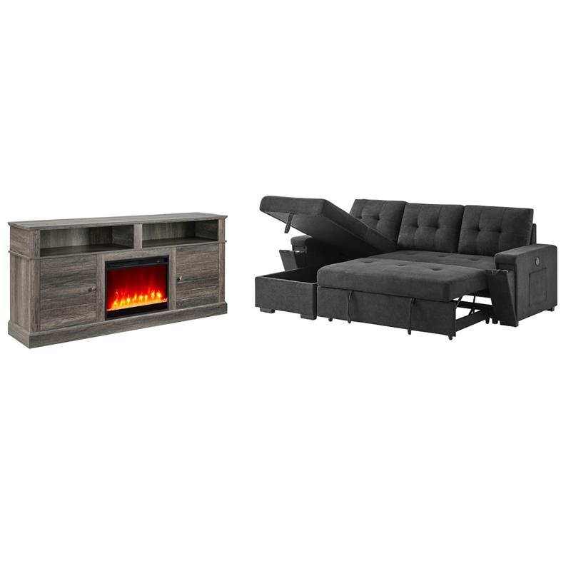 Pemberly Row 2-Piece Set of Sleeper Sectional Sofa & TV Stand with Fireplace