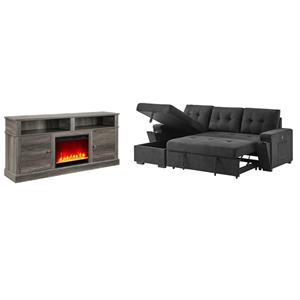 Pemberly Row 2-Piece Set of Sleeper Sectional Sofa & TV Stand with Fireplace