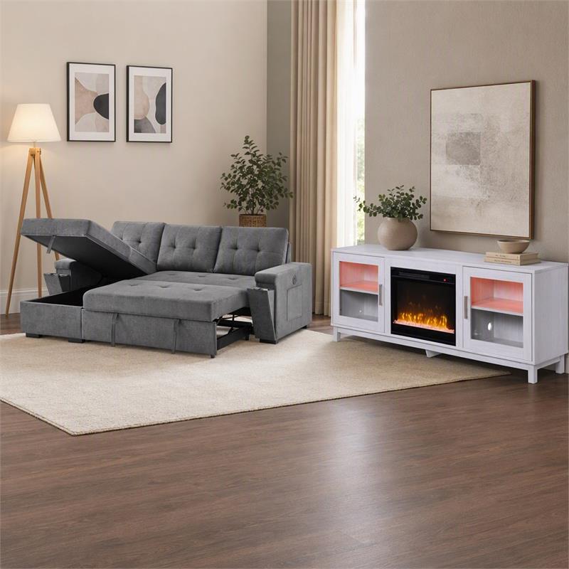 Pemberly Row 2-Piece Set of Sleeper Sectional Sofa & TV Stand with Fireplace