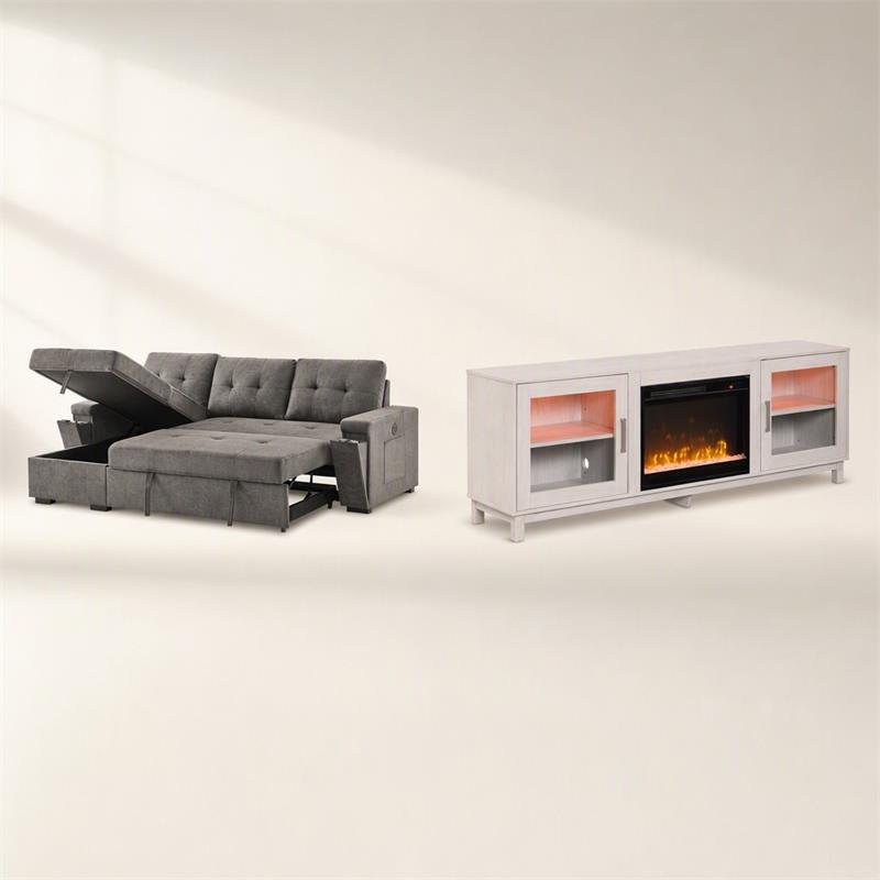 Pemberly Row 2-Piece Set of Sleeper Sectional Sofa & TV Stand with Fireplace