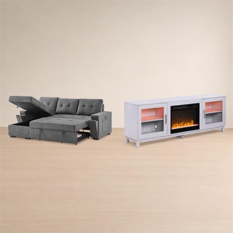 Pemberly Row 2-Piece Set of Sleeper Sectional Sofa & TV Stand with Fireplace