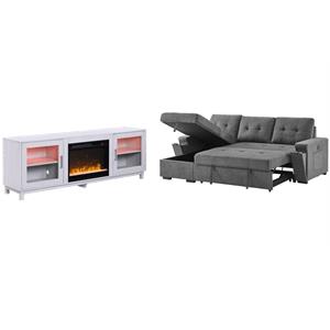 Pemberly Row 2-Piece Set of Sleeper Sectional Sofa & TV Stand with Fireplace