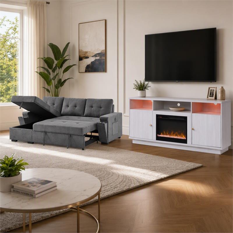 Pemberly Row 2-Piece Set of Sleeper Sectional Sofa & TV Stand with Fireplace