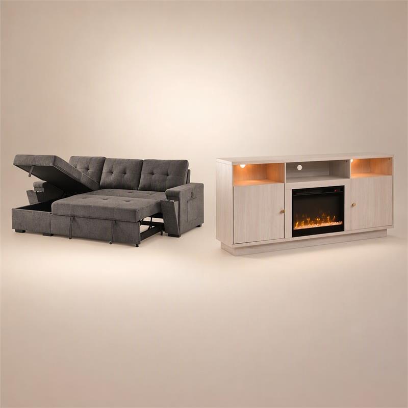 Pemberly Row 2-Piece Set of Sleeper Sectional Sofa & TV Stand with Fireplace