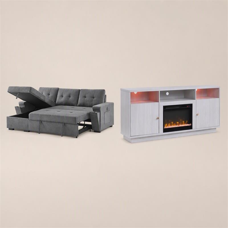 Pemberly Row 2-Piece Set of Sleeper Sectional Sofa & TV Stand with Fireplace