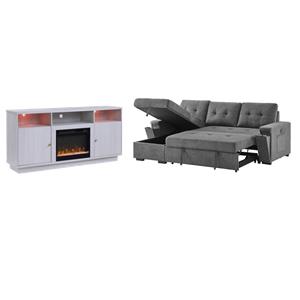 Pemberly Row 2-Piece Set of Sleeper Sectional Sofa & TV Stand with Fireplace